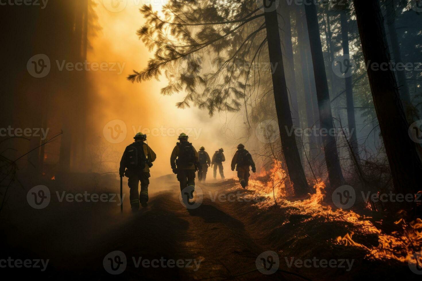 Team of firefighters creating a control line, battling advancing flames. Generative AI photo