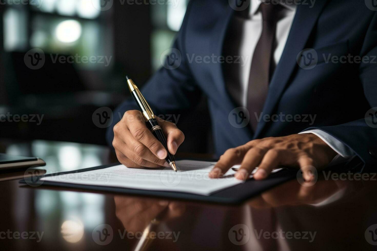 Signing mortgage contract document and demonstrating. futuristic business copy space. Generative AI photo