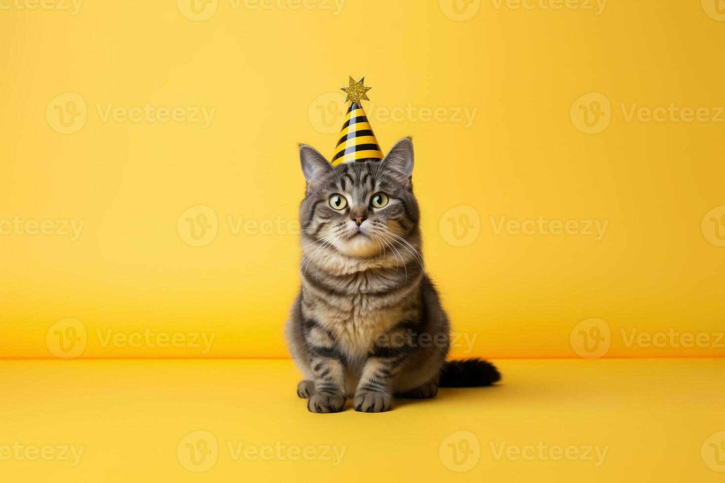 Happy cat celebrating birthday with party hat on, isolated on blue background. Generative AI photo