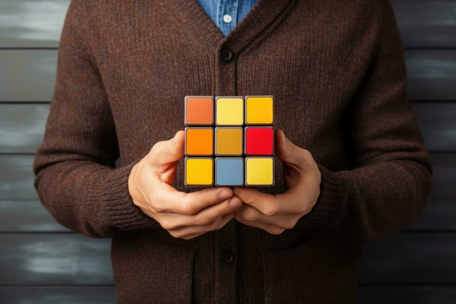 Photo excited people holding rubik isolated on brown color wall. Generative AI