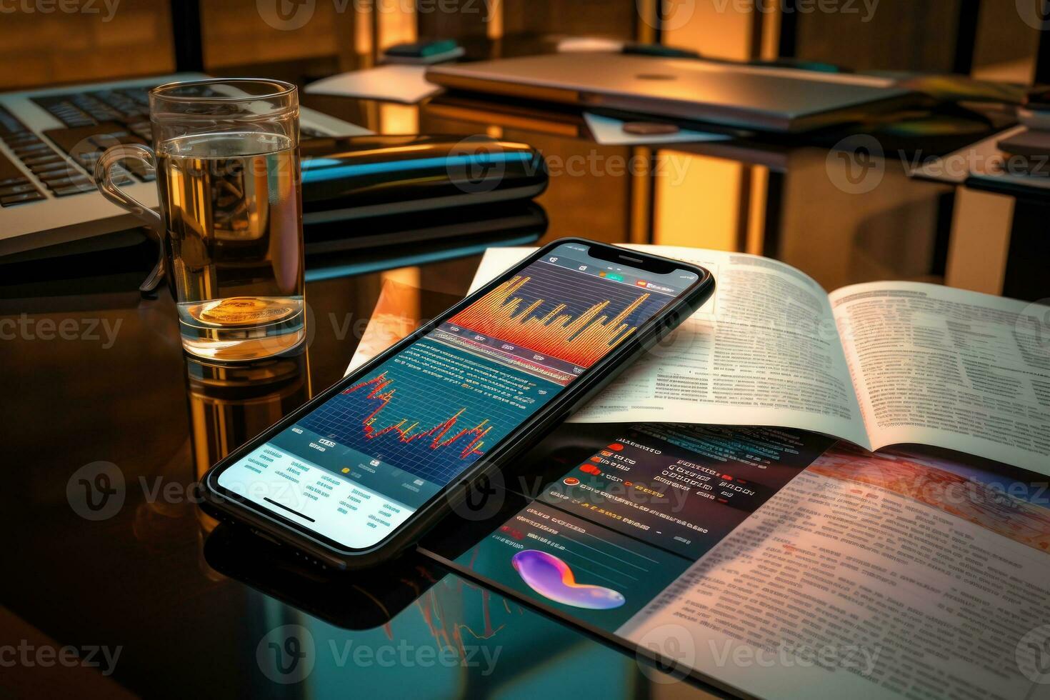 Smartphone is placed flat on the table with news words on it, and a financial chart. Generative AI photo