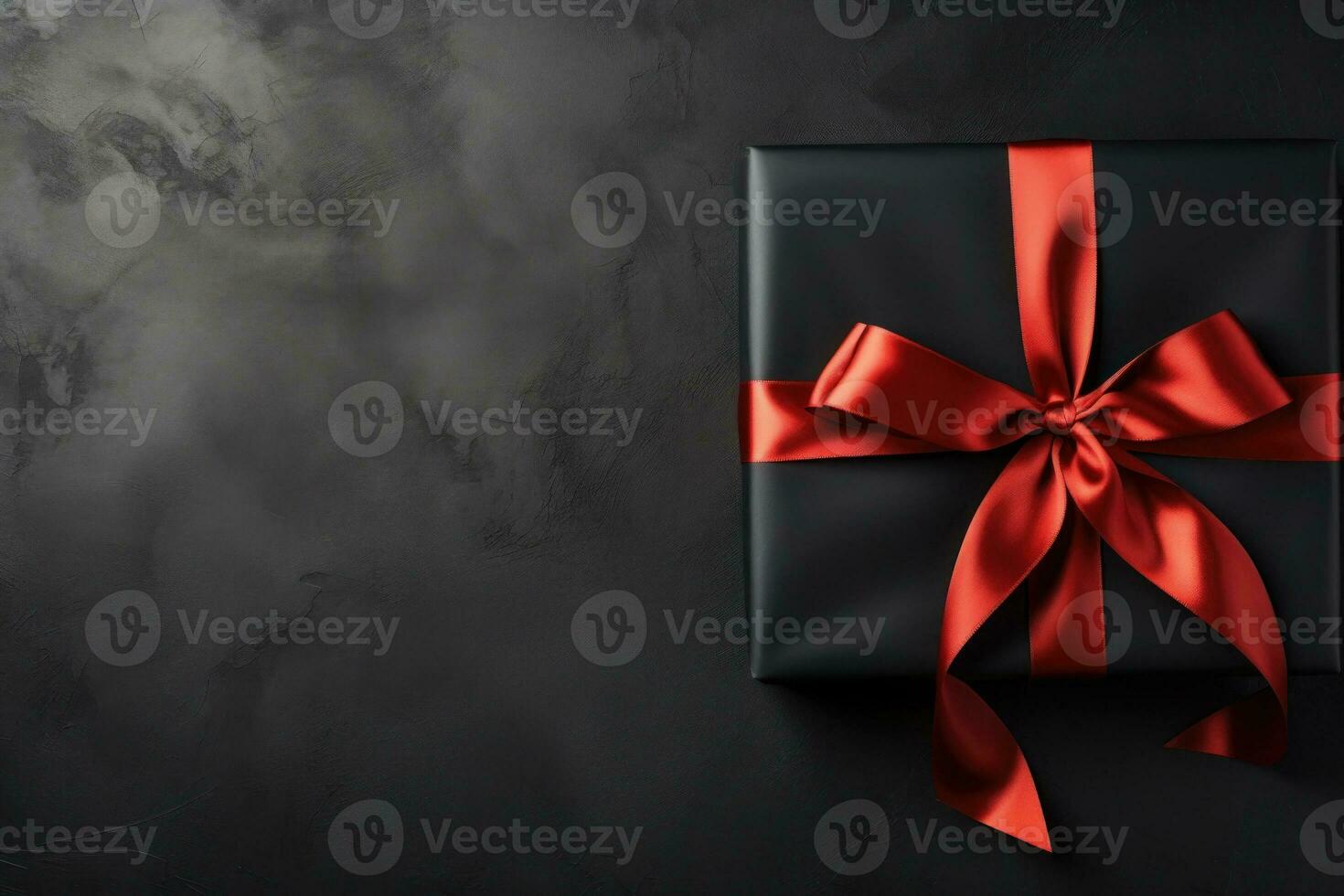Black Friday Gift wrapped in black paper with red bow on dark background. Generative AI photo