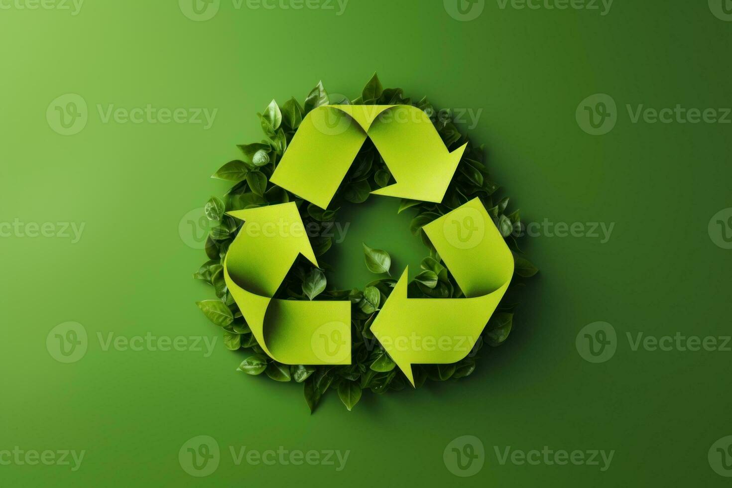 Recycling symbol made from nature, green leaves and plants. Generative AI photo