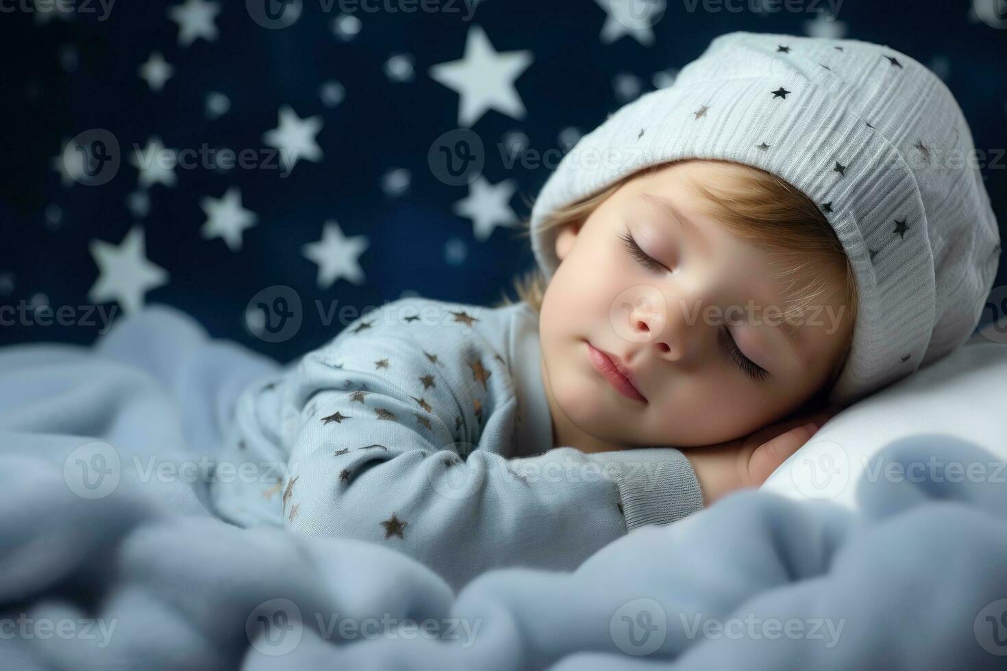 A small child is sleeping in soft clouds, surrounded by space, starry sky and peace. Generative AI photo