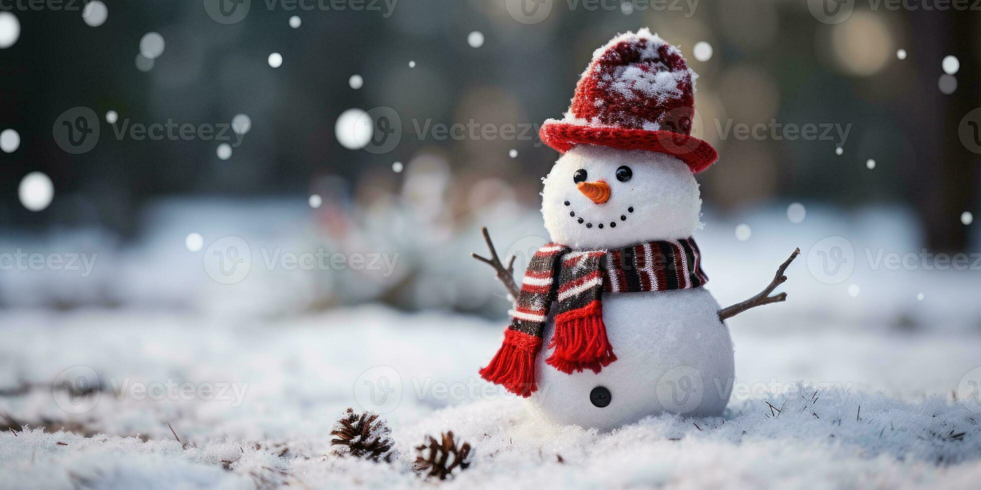 Snowman with a Santa hat,close up,empty space. Generative AI photo