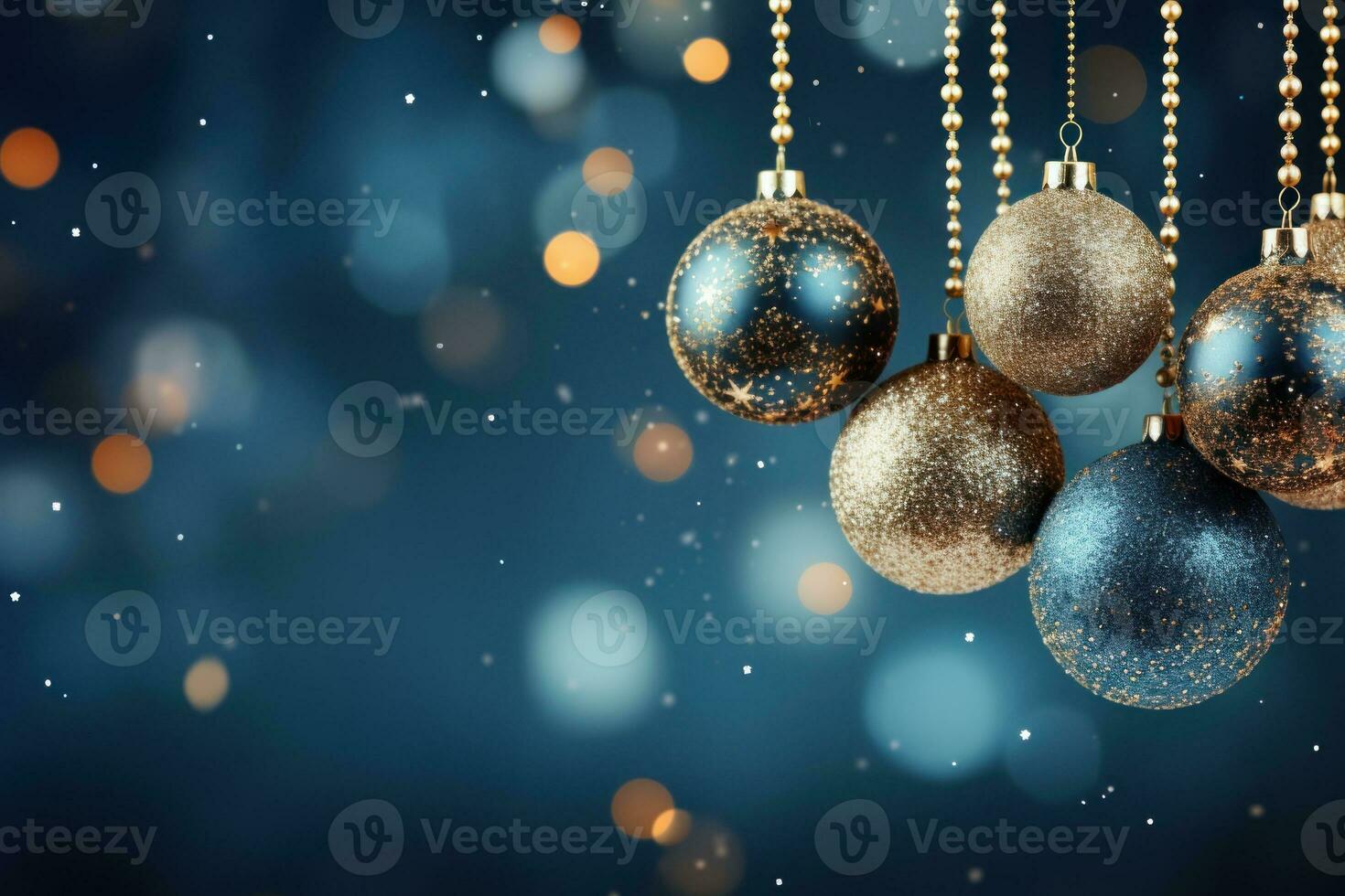 Christmas Tree In Ball Hanging Fir Branch With Golden Glittering On Blue Abstract Night. Generative AI photo