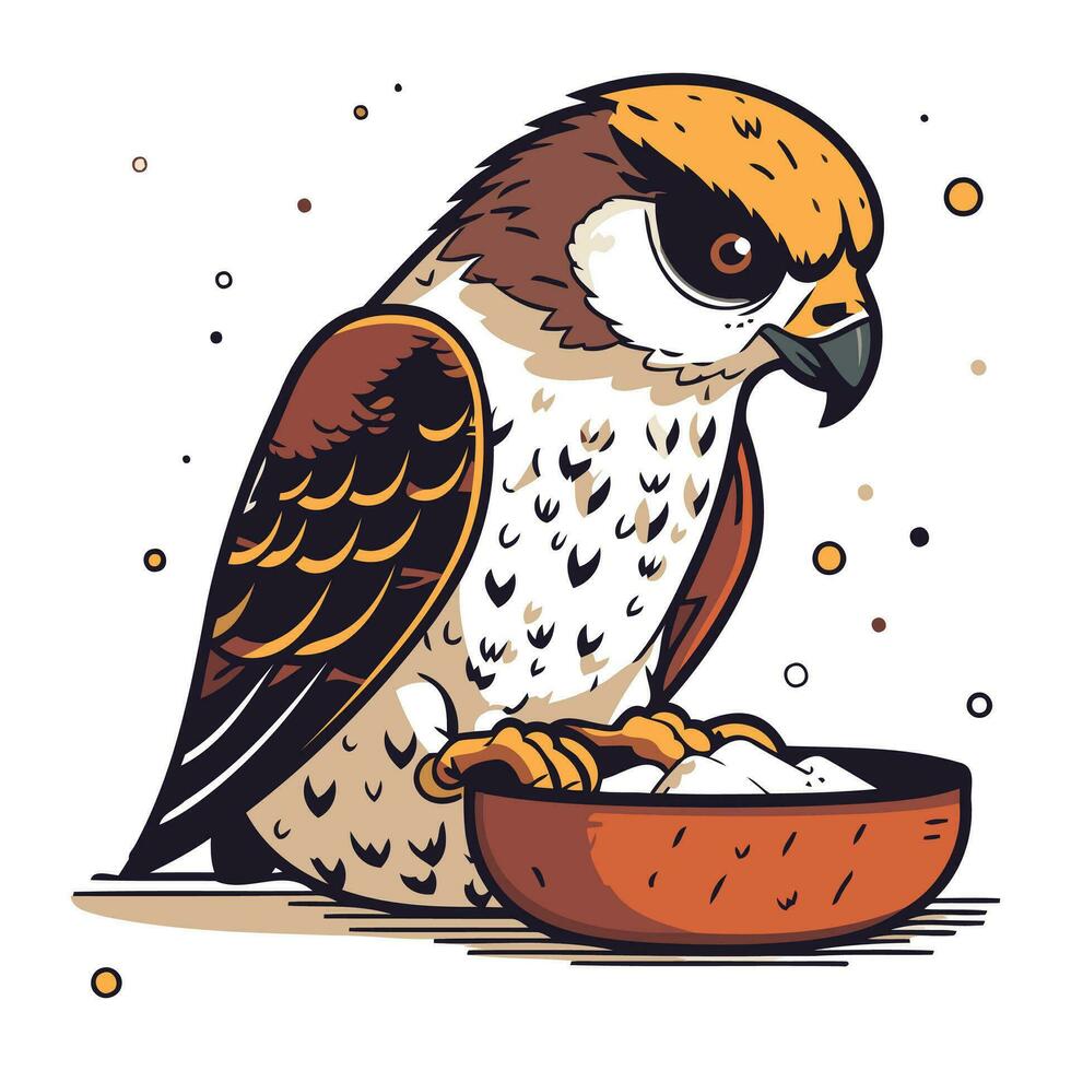 Vector illustration of a hawk with a bowl of food. Hand drawn style.