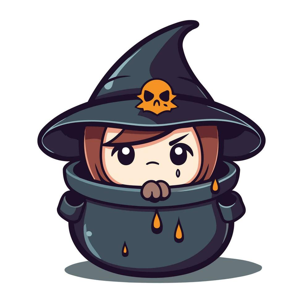 Cute witch cauldron character cartoon vector illustration. Halloween theme.