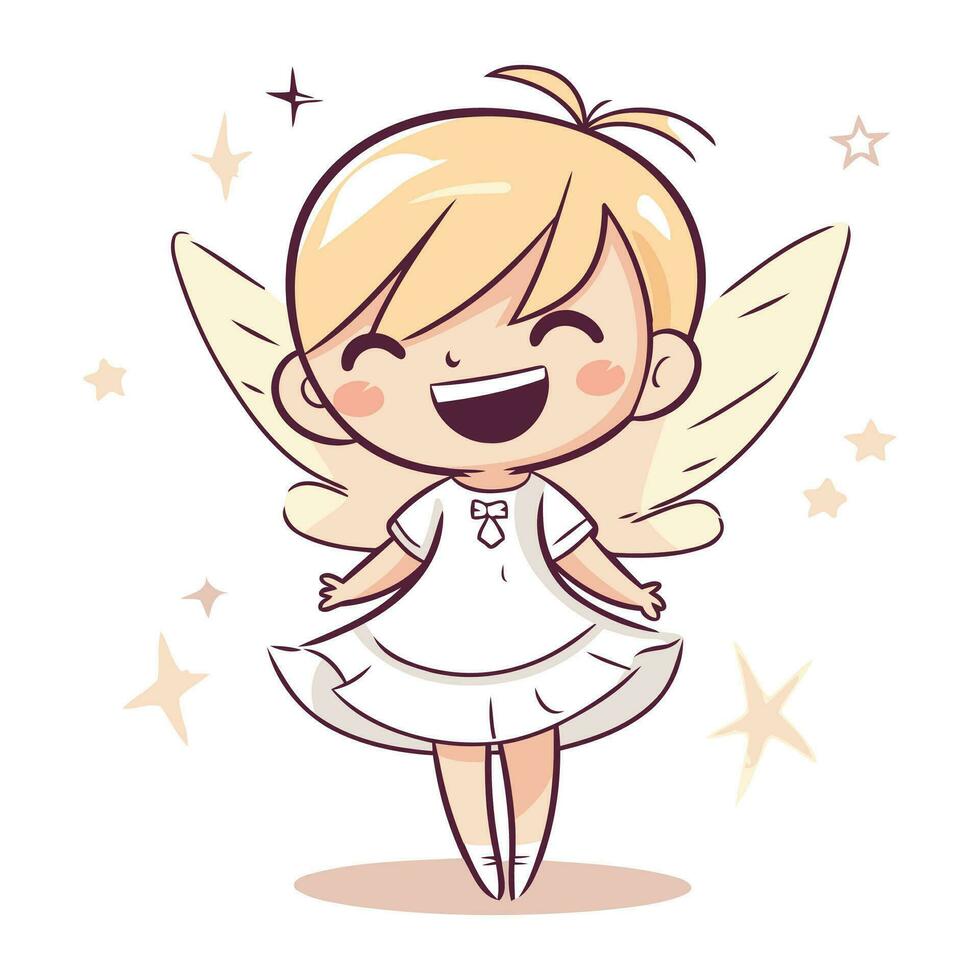 Cute little girl in white dress with wings and stars. Vector illustration.