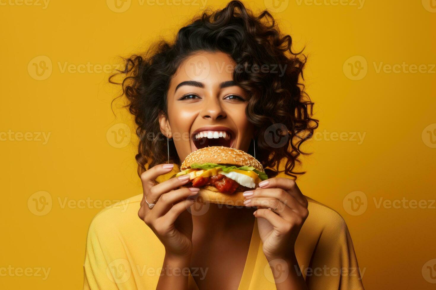 comiendo un hamburguesa de internacional gente. generativo ai foto