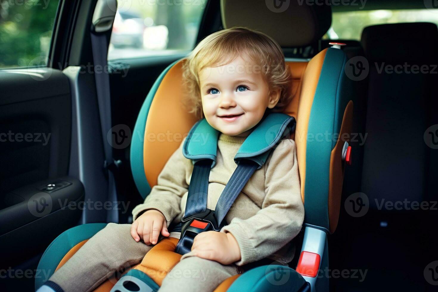 Child is playing with early childhood education toys in the car, car seat. Generative AI photo