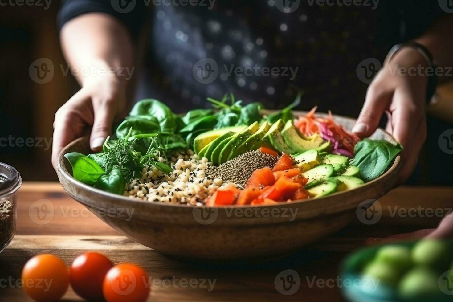 Close up of a woman preparing a salad. Generative AI photo