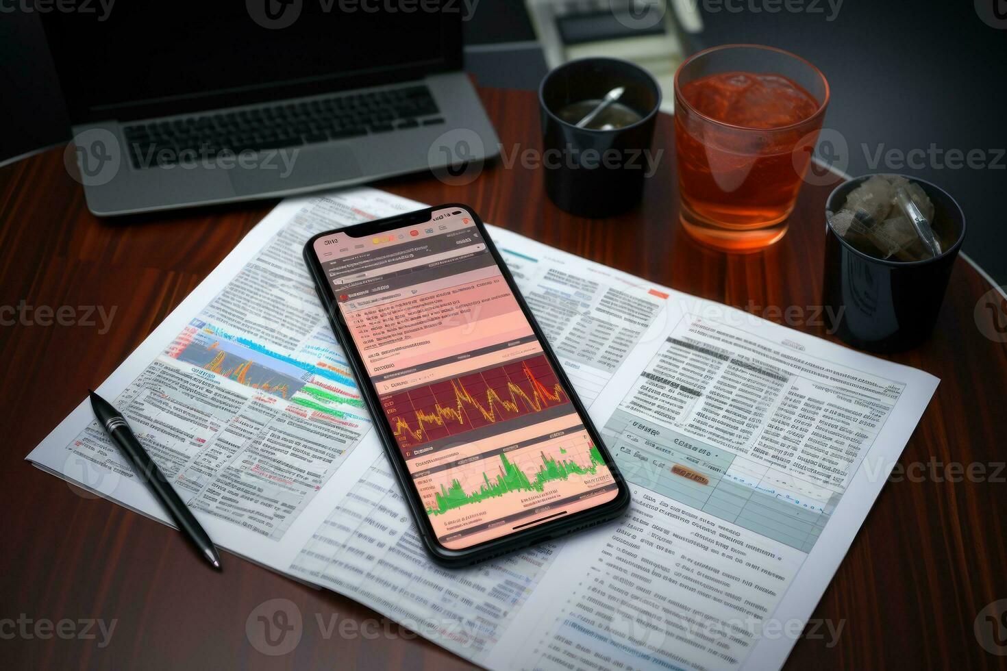 Smartphone is placed flat on the table with news words on it, and a financial chart. Generative AI photo