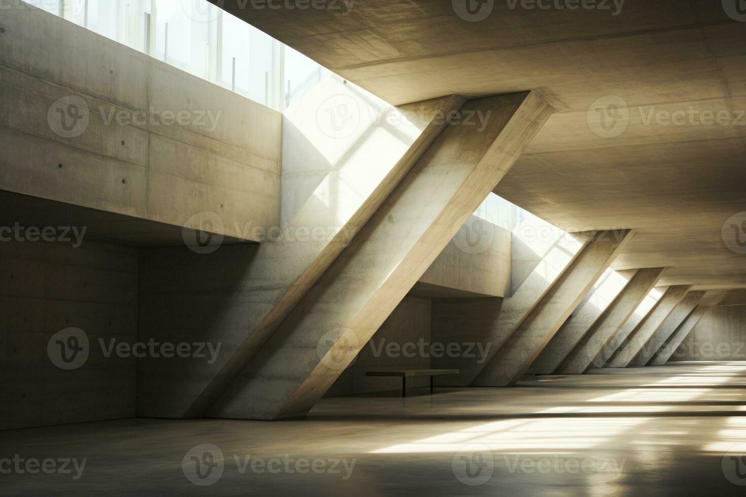 The inside of an abstract concrete building with two rays of light hitting the floor. Generative AI photo