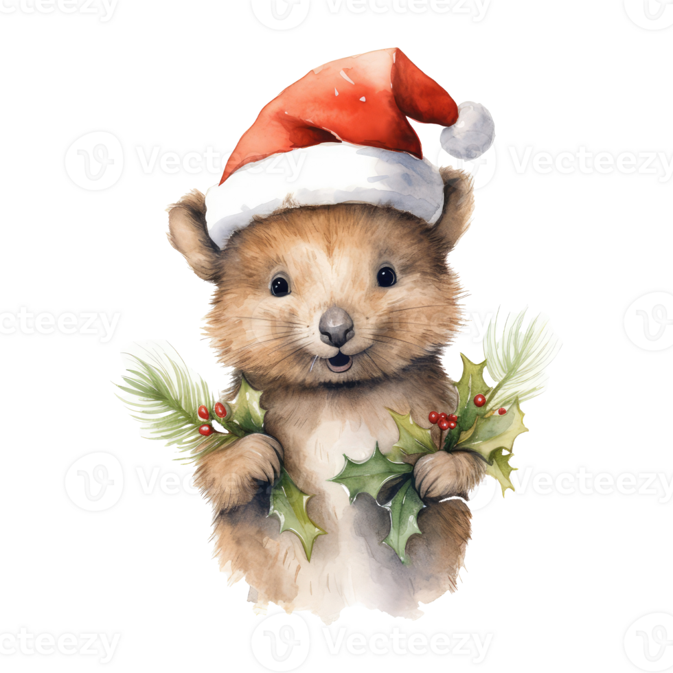 watercolor cute smiling quokka wearing a santa hat . AI Generated png