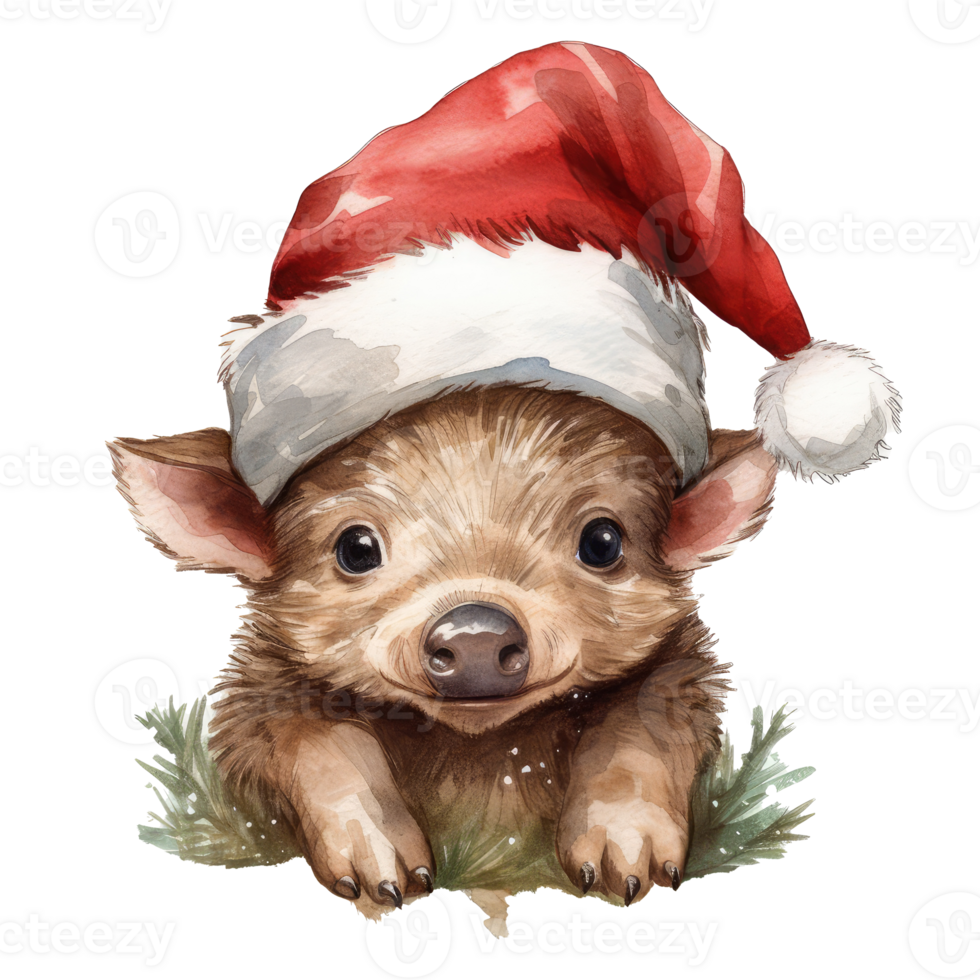 Happy cute piglet wearing a Santa hat . AI Generated png