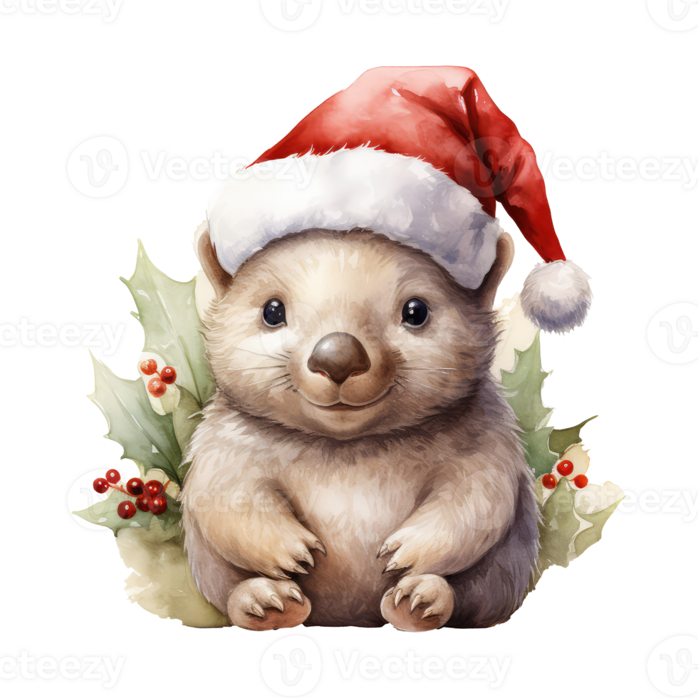 watercolor cute smiling wombat wearing a santa hat . AI Generated png