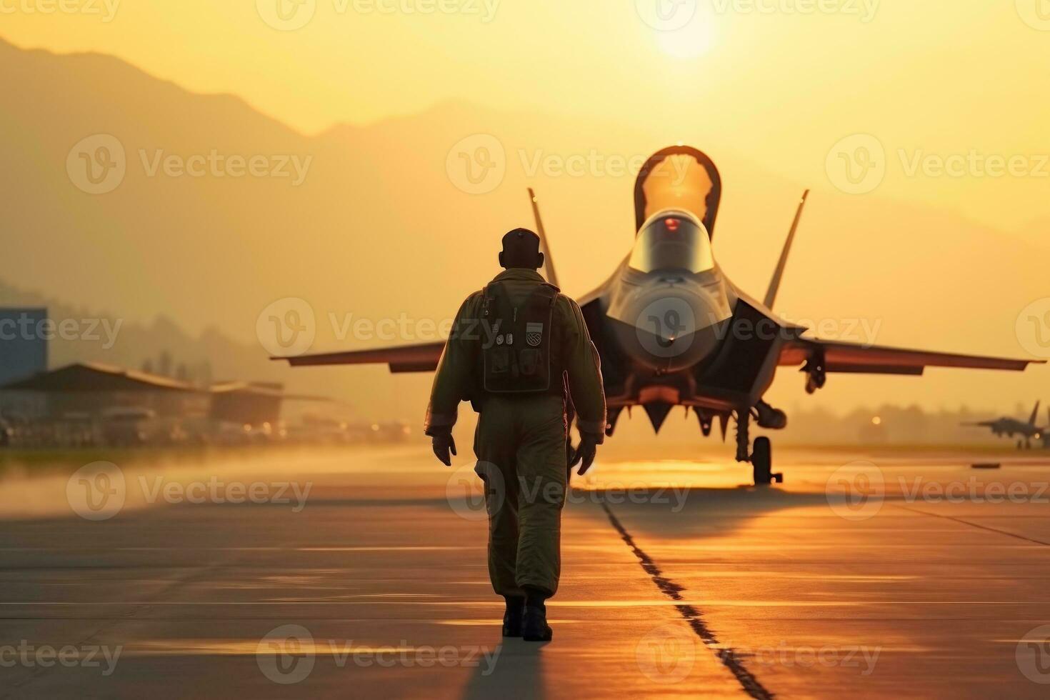 piloto caminando a lo largo el pista Encendiendo en el antecedentes de un combatiente generativo ai foto