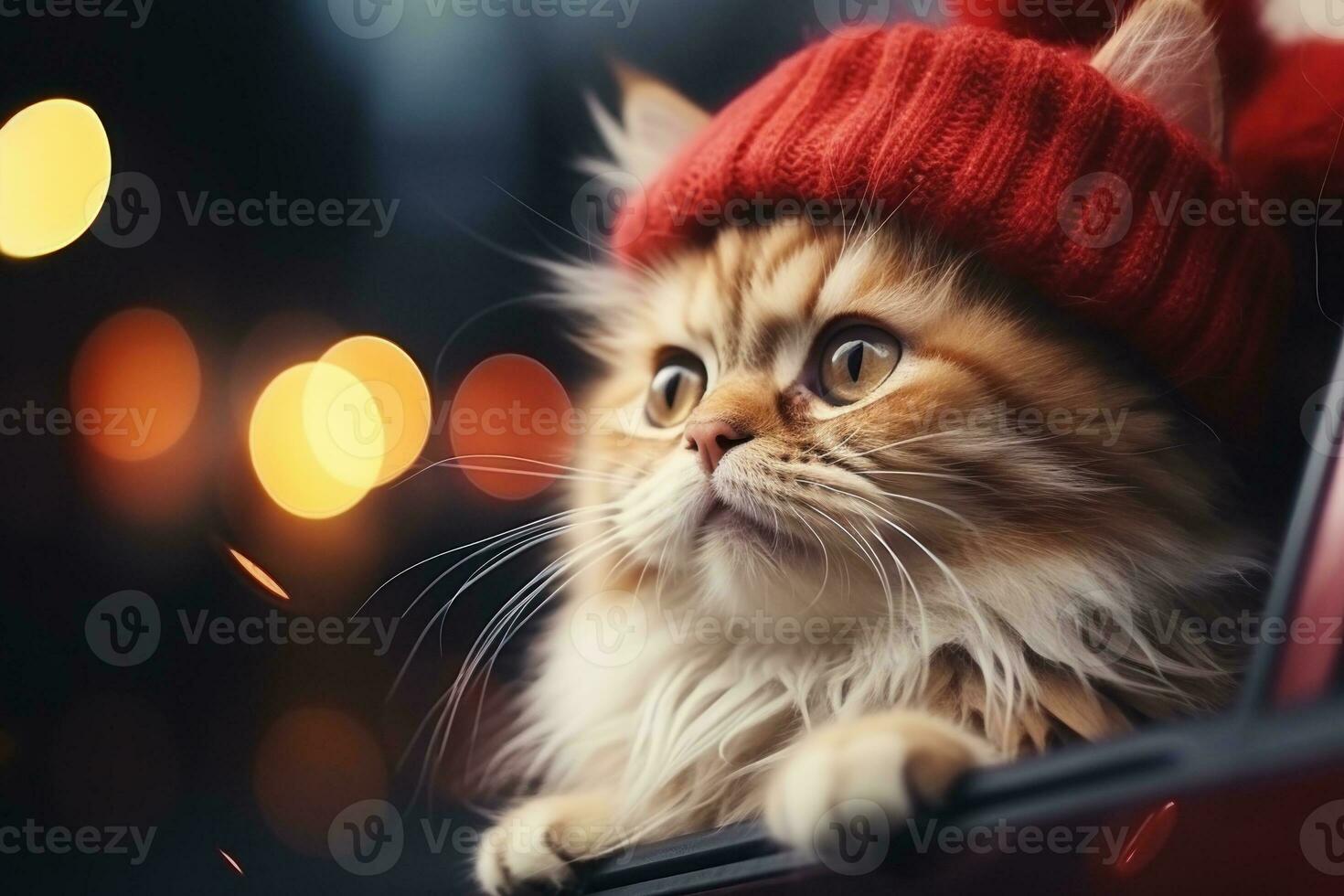 Cute cat in a Santa Claus costume Christmas blurred bokeh lights. Generative AI photo