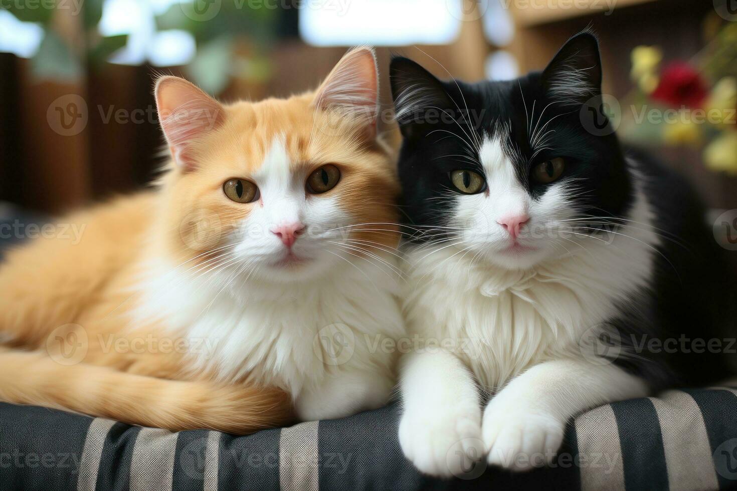 Black and white cat on sofa together orange cat fat. Generative AI photo