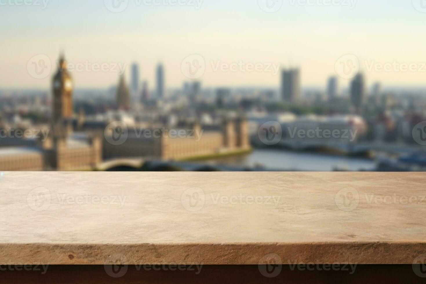 Empty table surface blurred Landmarks around the world in the background. Generative AI photo