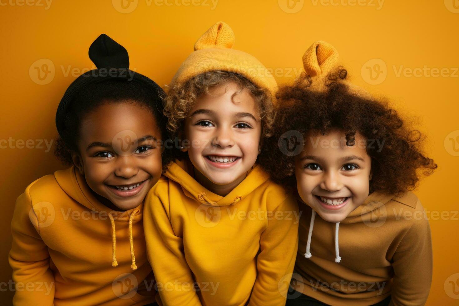 Childrens celebrating halloween on yellow background. Generative AI photo