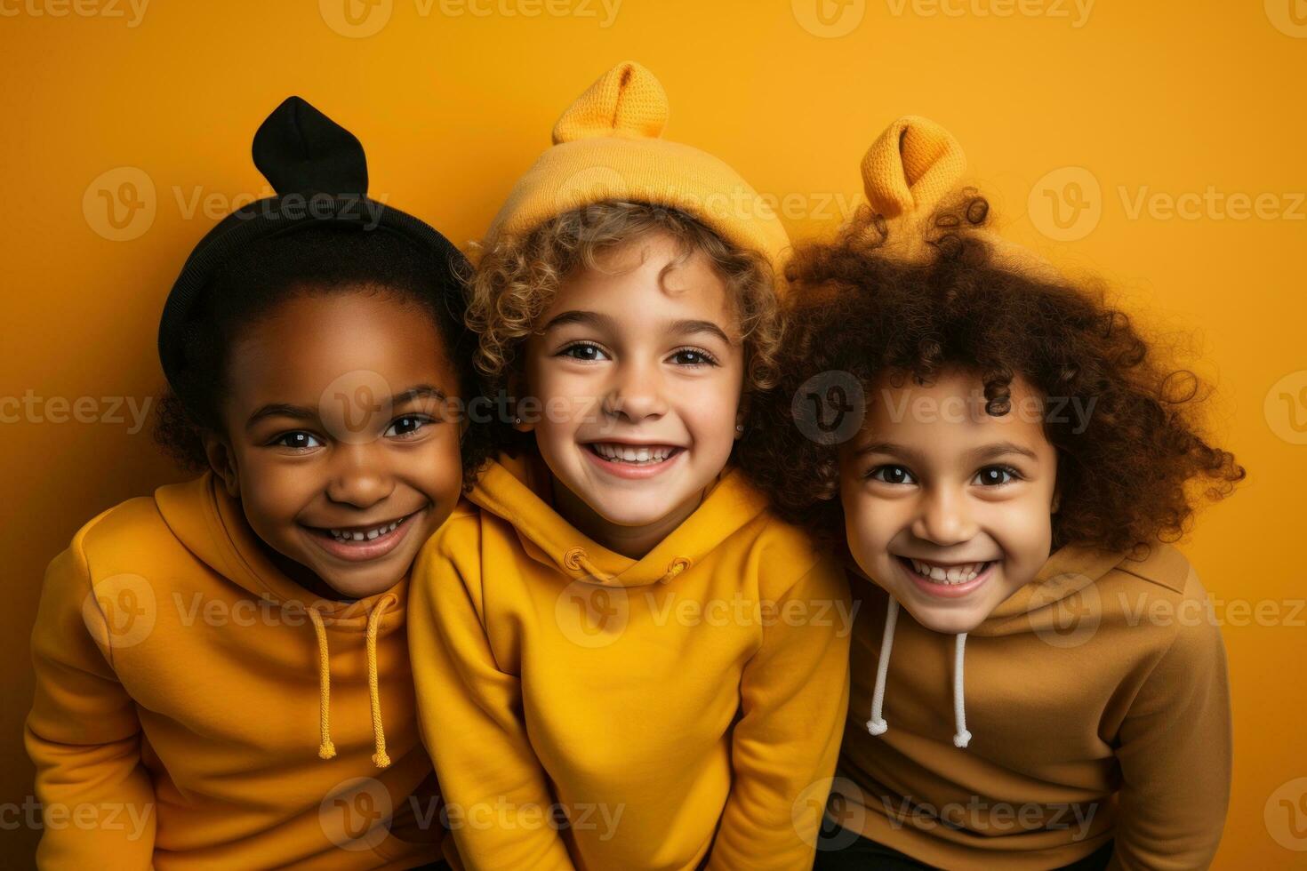 para niños celebrando Víspera de Todos los Santos en amarillo antecedentes. generativo ai foto