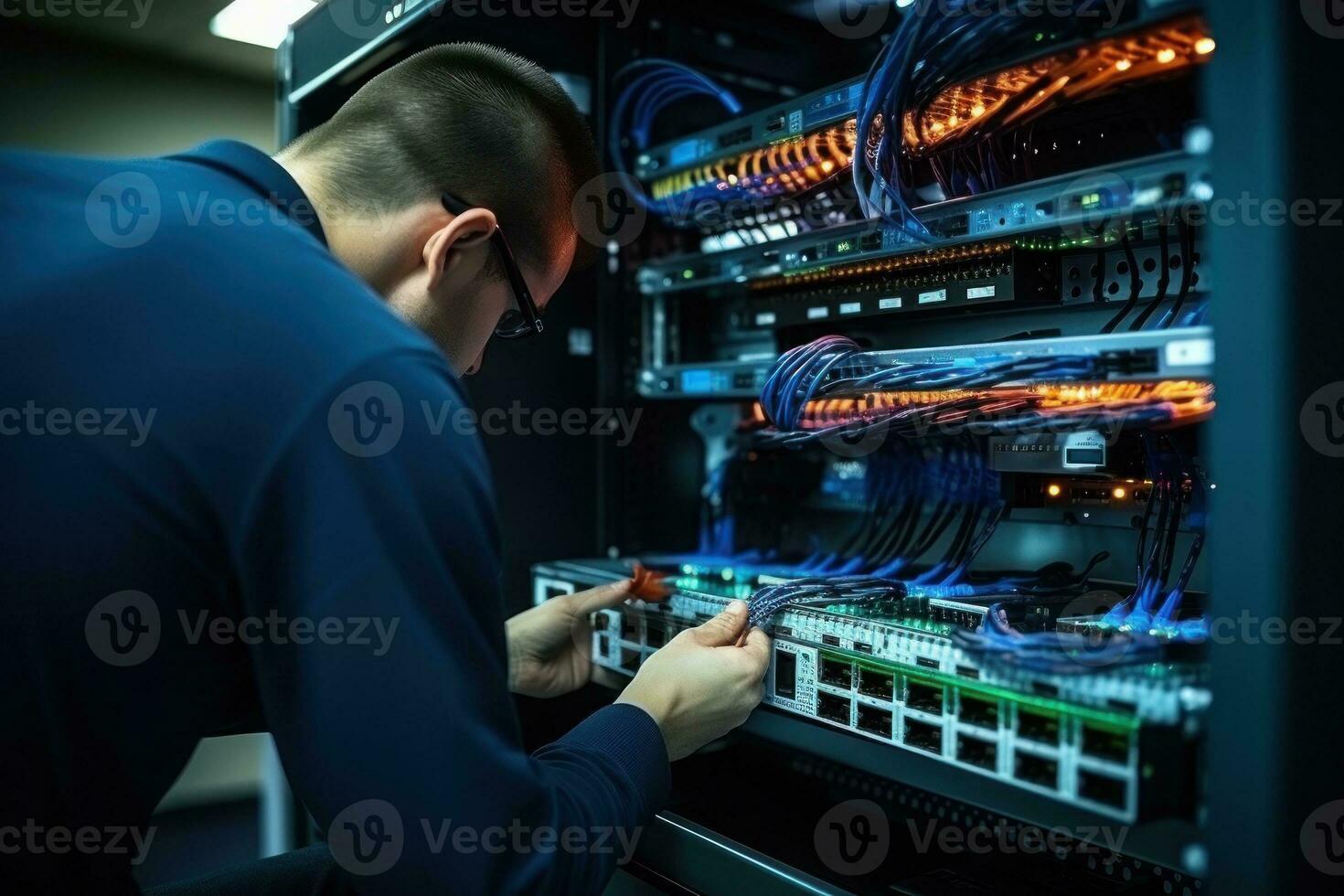 The system administrator configures the wires of the network equipment. Generative AI photo