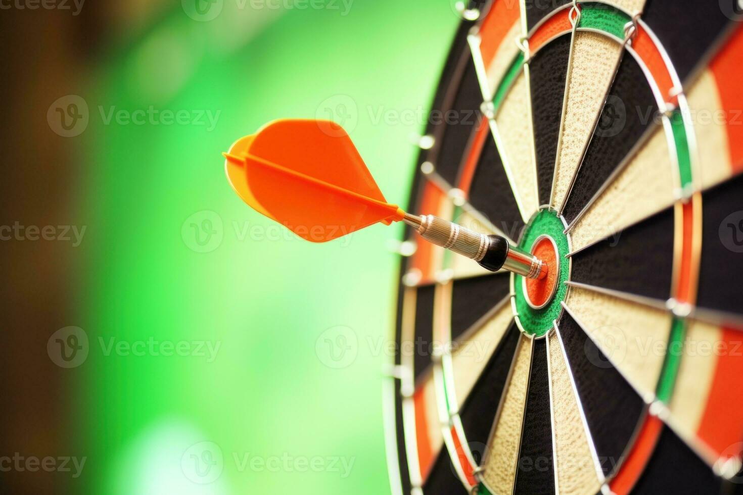 Dart in the bull's eye close up, success striking target aim goal achievement concept. Generative AI photo