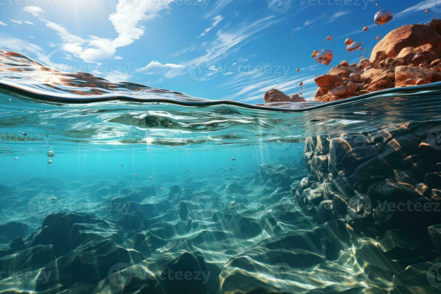 Image of open ocean, in the style of sparkling water reflections. Generative AI photo
