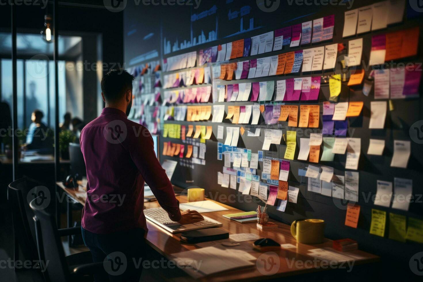 People sharing ideas concept with paper note writing strategy in office. Generative AI photo