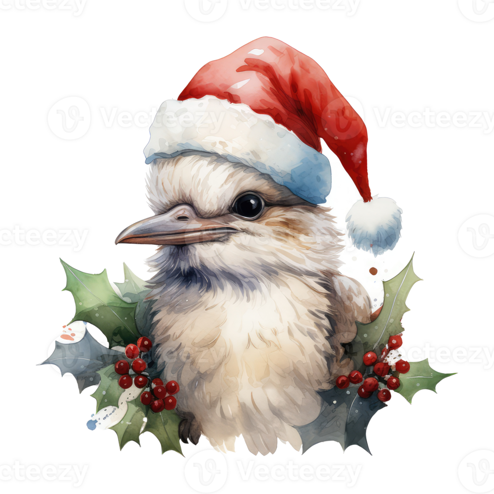 watercolor cute smiling baby kookaburra with chubby cheeks and large eyes. wearing a santa hat . AI Generated png