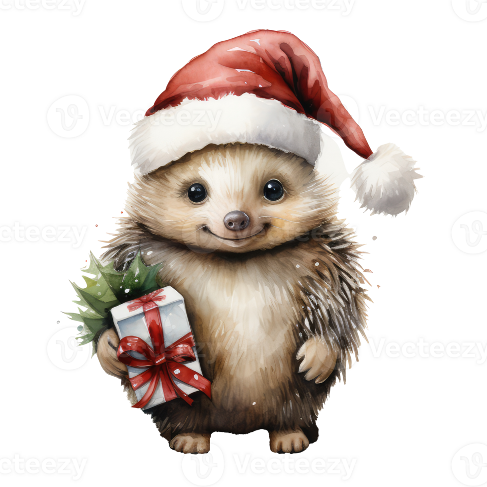 watercolor cute smiling baby echidna with chubby cheeks and large eyes. wearing a santa hat . AI Generated png