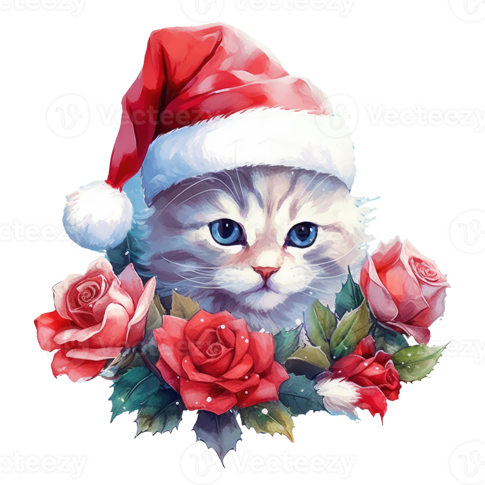 watercolor cute kitten cat face with smiling expressions, wearing a santa hat . AI Generated png