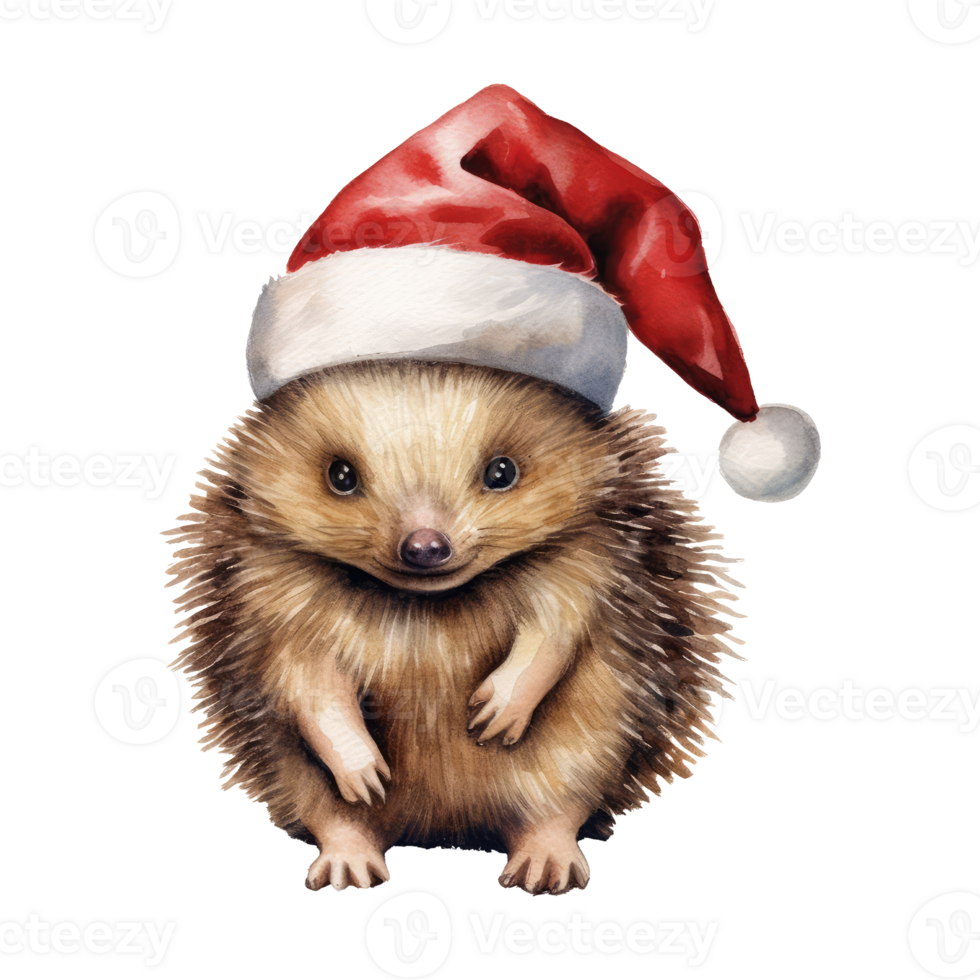 watercolor cute smiling baby echidna with chubby cheeks and large eyes. wearing a santa hat . AI Generated png