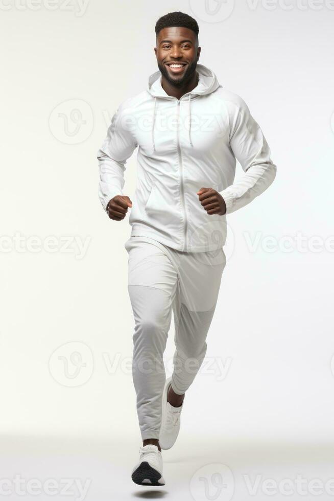 African male jogging Happy and energetic generation in white background. Generative AI photo