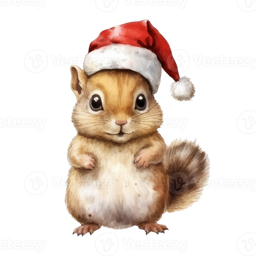 watercolor cute baby Squirrel wearing Santa Claus hat . AI Generated png