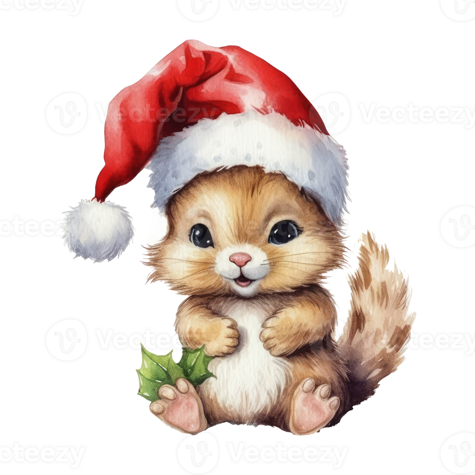 watercolor cute baby Squirrel wearing Santa Claus hat . AI Generated png