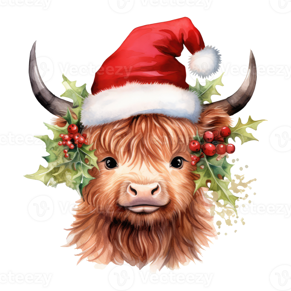 watercolor cute adorable Highland cow with santa hat . AI Generated png