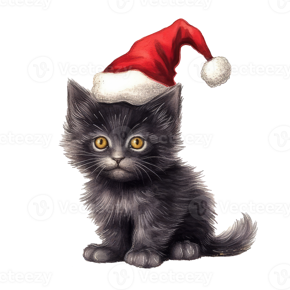 watercolor cute kitten cat face with smiling expressions, wearing a santa hat . AI Generated png