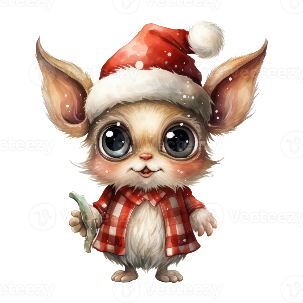 watercolor adorable happy imaginary creature with big eyes dressed like santa . AI Generated png