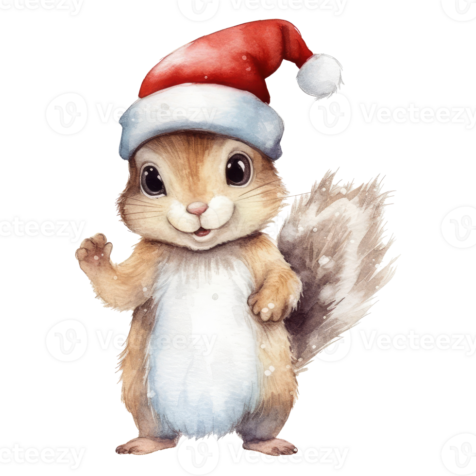 watercolor cute baby Squirrel wearing Santa Claus hat . AI Generated png