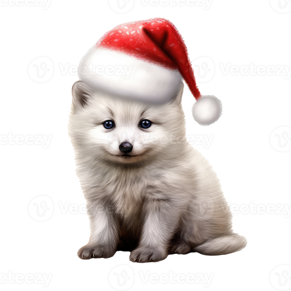 fluffy baby arctic fox sitting wearing red christmas hat . AI Generated png