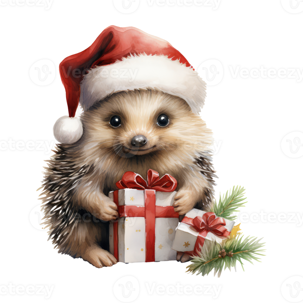 watercolor cute smiling baby echidna with chubby cheeks and large eyes. wearing a santa hat . AI Generated png