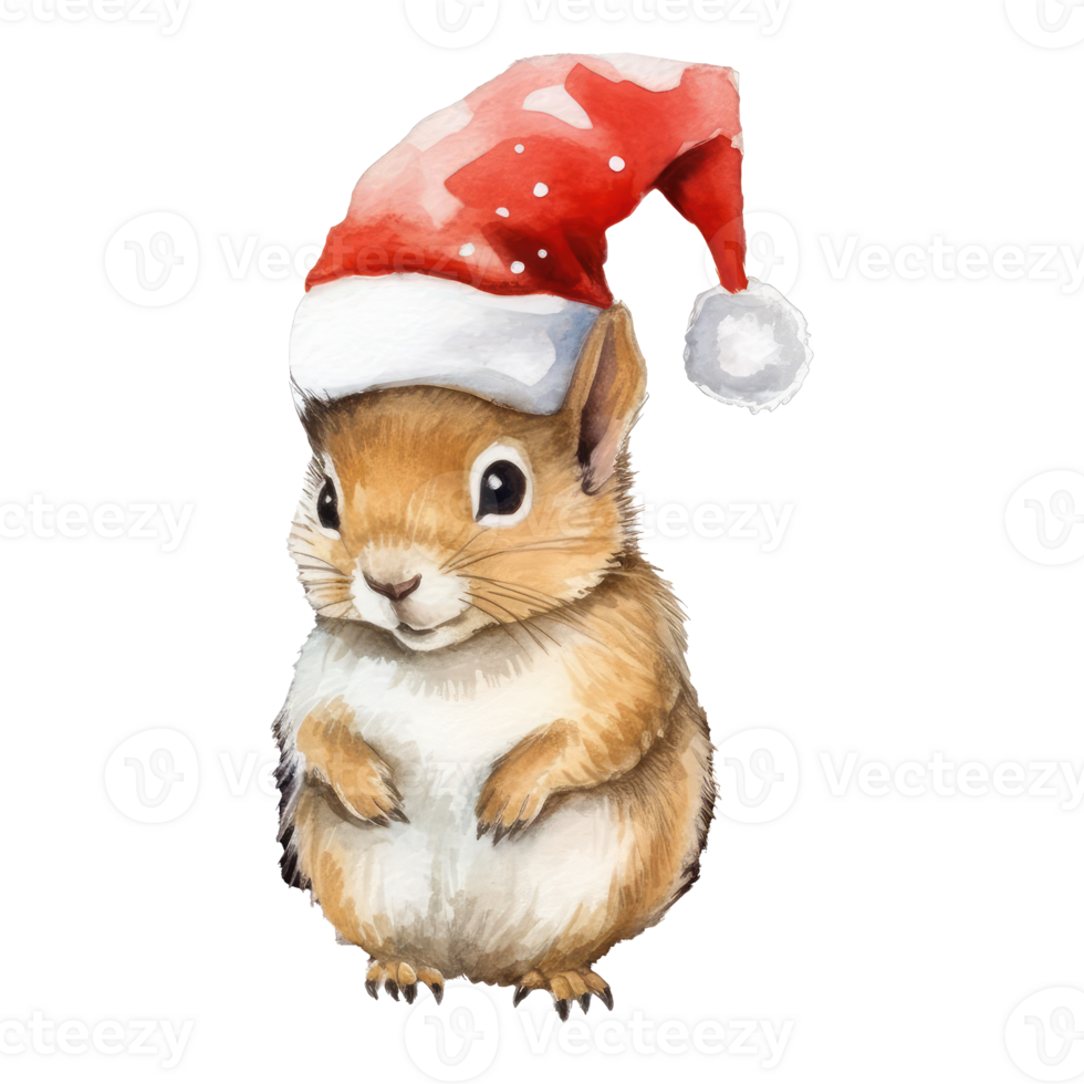 watercolor cute baby Squirrel wearing Santa Claus hat . AI Generated png