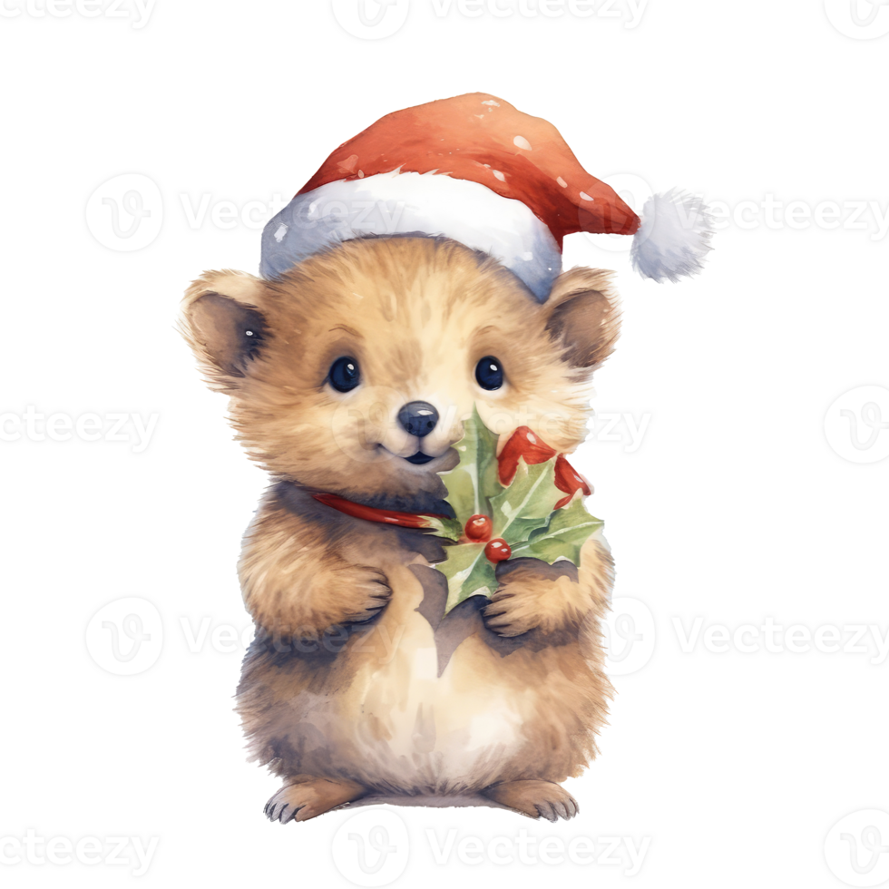 watercolor cute smiling quokka wearing a santa hat . AI Generated png