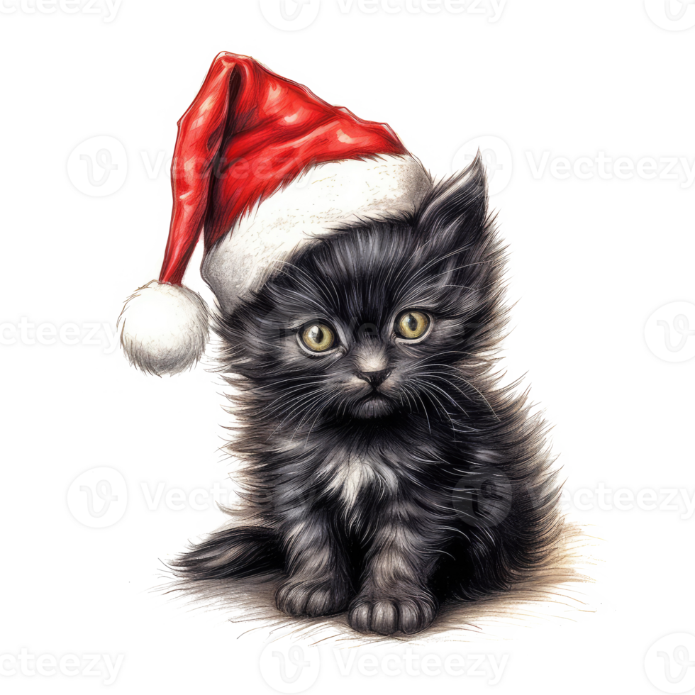 watercolor cute kitten cat face with smiling expressions, wearing a santa hat . AI Generated png