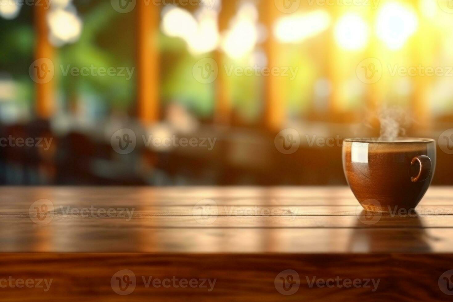 Wooden table top with blur background of coffee cafe. Generative AI photo