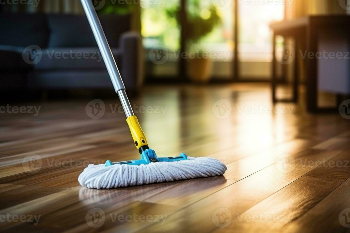 piso limpieza con multitud y limpiador espuma. limpieza herramientas en parquet piso. generativo ai foto