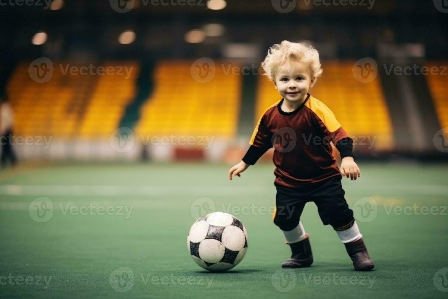 AI Generated Dribbling small boy plays football in stadium. Generative AI photo